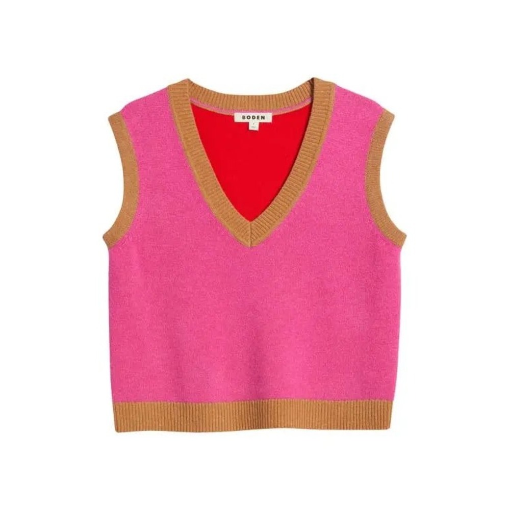 Boden Pink Red Olivia Colorblock Merino Wool Sweater Vest V-Neck Vest Large